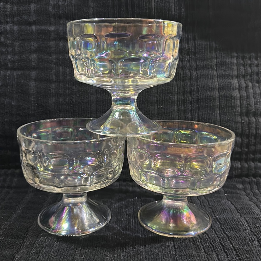 Vintage Federal Glass Iridescent Thumbprint Pedestal Dessert Bowls